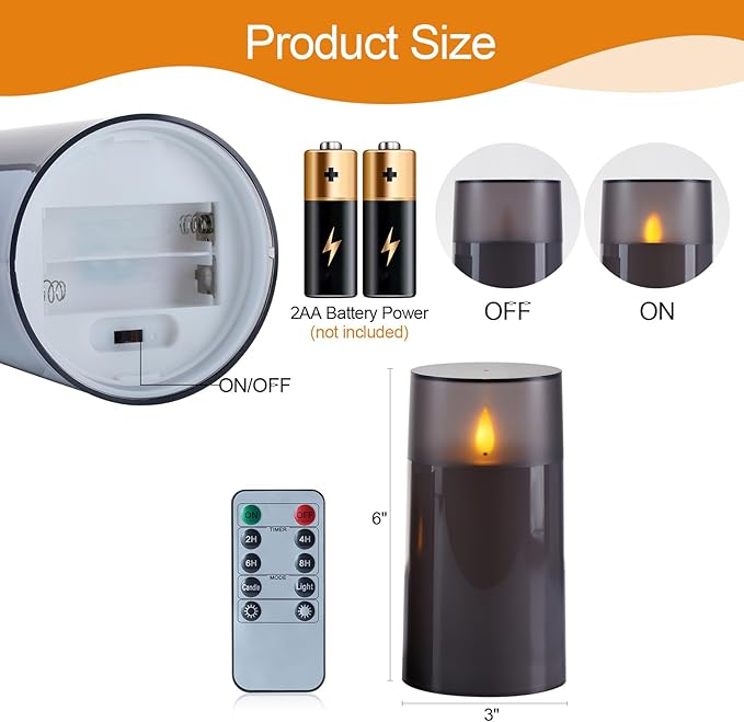 Homemory 3"×6" Battery Candles with Remote & Timer,Gray Acrylic Realistic Flickering LED Pillar Candles, Waterproof Fake Candle for Home and Lantern Decor, Set of 2