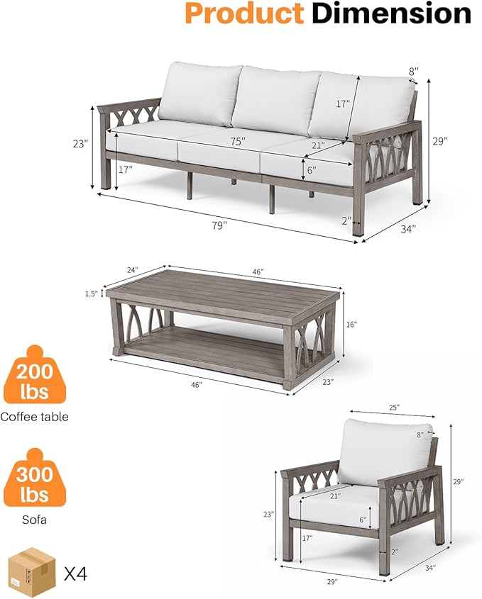 Aluminum Outdoor Patio Furniture Set, 4-Piece Outdoor Sofa Set with 3-Seat Sofa, 2 Armchairs & Coffee Table, Outdside Sofa Set Patio Conversation Set with Cushions for Deck, Balcony, Limed Oak