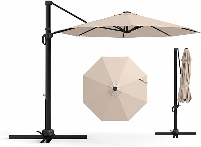 9 FT Round Cantilever Umbrella,Easy Tilt, Fade Resistant & 360° Rotation, Offset for Pool Deck Backyard Patiobeige (Base not Included)