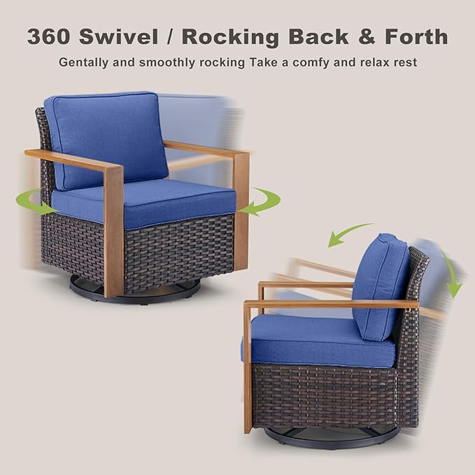Outdoor Patio Swivel Rocker Chairs - 3 Piece Wicker Patio Furniture Bistro Set with 2 Swivel Rocking Chairs and 1 Metal Side Table,Thick Cushions,Deep Seating for Deck Porch Garden(Brown/Blue)