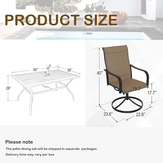 Anmutig 7-Piece Outdoor Patio Dining Set for 6 Patio Dining Swivel Chairs Textilene & 1 Rectangle Outdoor Dining Table with 1.57" Umbrella Hole for Backyard Bistro Garden Brown
