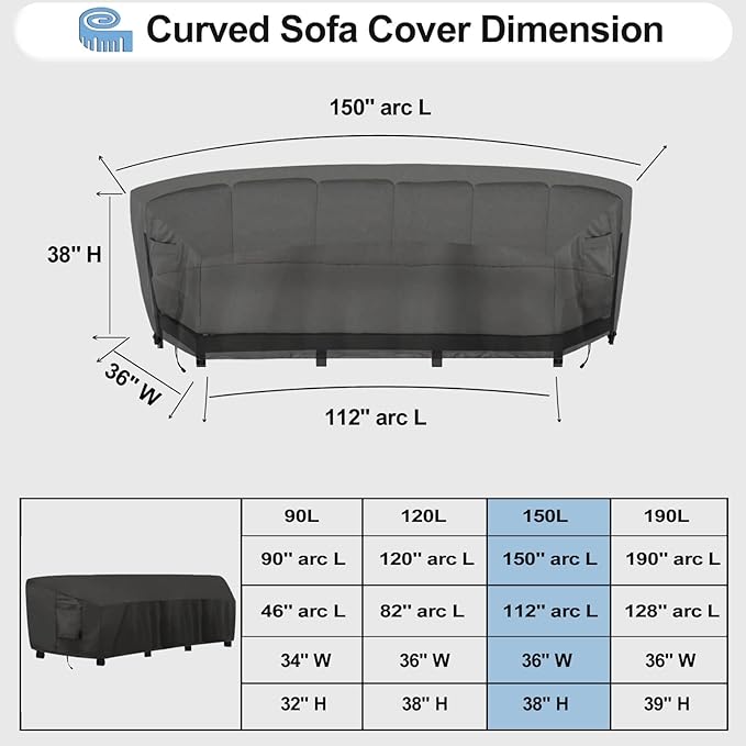 OutdoorLines Waterproof Curved Outdoor Sectional Cover - UV Resistant Windproof Patio Sectional Sofa Covers for Deck, Lawn and Backyard, Heavy Duty Furniture Covers (150Lx36Dx38Hx112FL, Black)