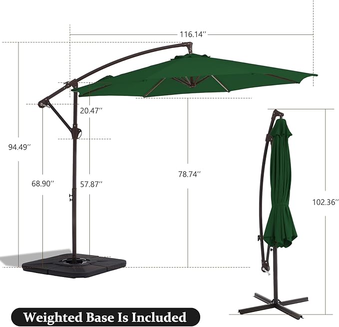 10FT Patio Umbrella, Outdoor Offset Cantilever Umbrella with Sturdy 8 Ribs and Reinforced Base, Easy Tilt Adjustment for Backyard Pool Garden,Green