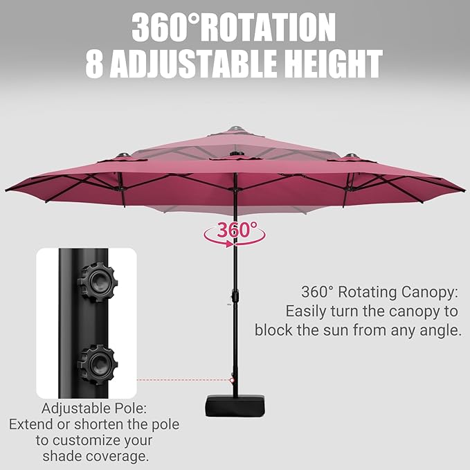 CHABATREE 15FT Double-Sided Patio Umbrella with Base Included, Large Outdoor Rectangular Market Umbrella for Backyard, Poolside, Lawn & Garden, Red