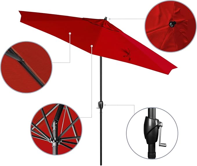 California Umbrella 12-Year Protection 9' Rd Aluminum Patio Umbrella, Crank Lift, Auto Tilt, Black Finish, Sunbrella Jockey Red