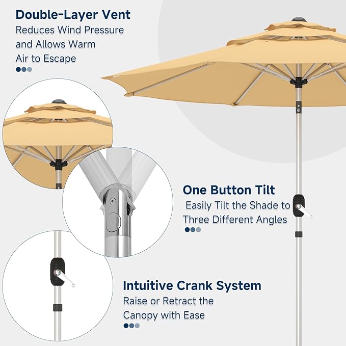 9FT 3-Tier Aluminum Outdoor Patio Umbrella, Fade-Resistant Market Umbrella with Push Button Tilt Function, 8 Sturdy All-Aluminum Ribs for Gardens, Patios, Backyards & Pools