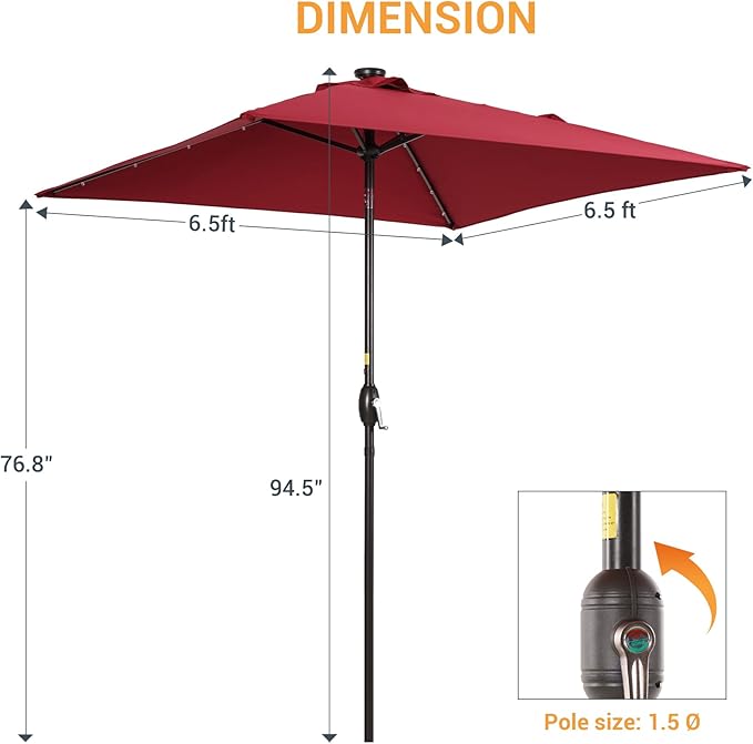 Square Patio Umbrella With Solar Lights, 6.5x6.5ft Square Umbrella Outdoor Patio with Tilt and Crank for Pool, Deck, Garden,Backyard