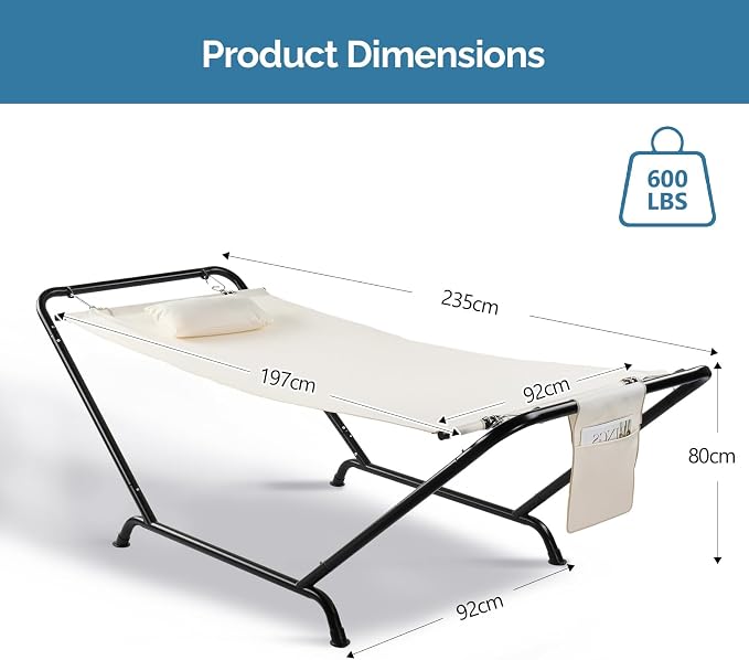 600LBS Heavy Duty Freestanding Hammock with Stand, Soft Pillow & Storage Bag, Weather Resistant Double Layer Outdoor Hammock Bed for Backyard Patio Garden, Beige