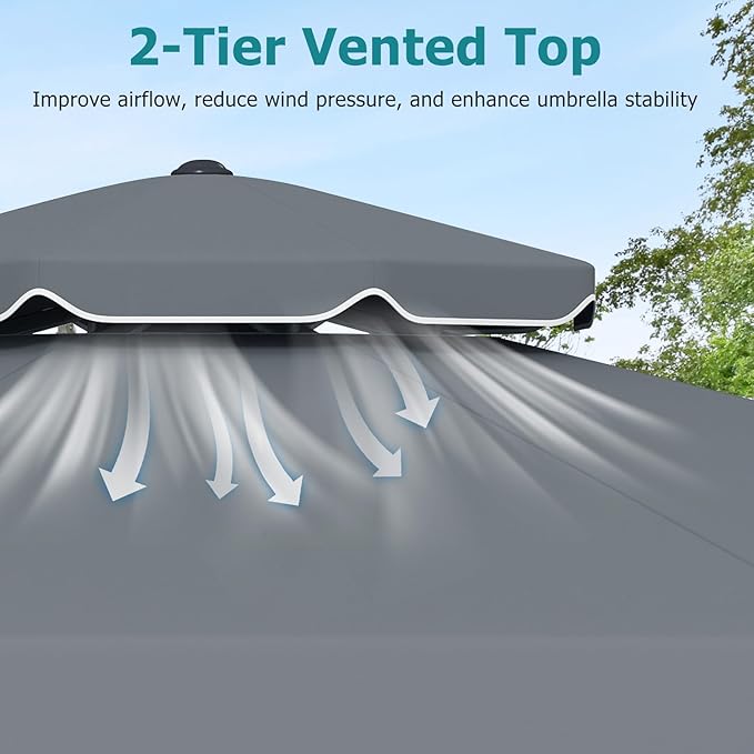 Happygrill 9 FT Patio Umbrella, Scalloped Outdoor Table Market Umbrella with Push Button Tilt & Crank, 2-Tier Vented Top, Heavy-Duty 8 Metal Ribs, Sun-Protective Canopy, Ruffle for Deck Pool Garden (Gray)
