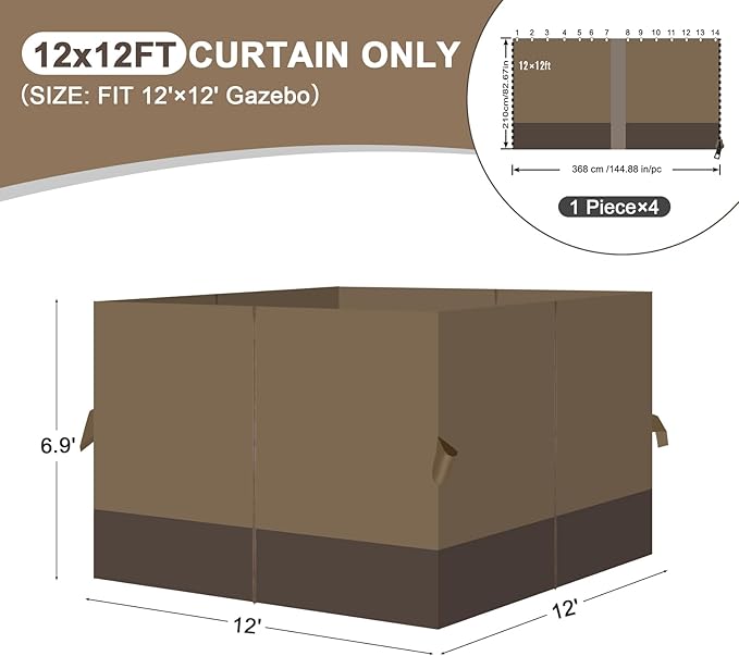 Aoodor 12x12 ft Outdoor Gazebo Curtains, 4 Panels Waterproof Privacy Sidewall Replacement with Zipper for Patio Pergola and Canopy, Light Coffee and Coffee