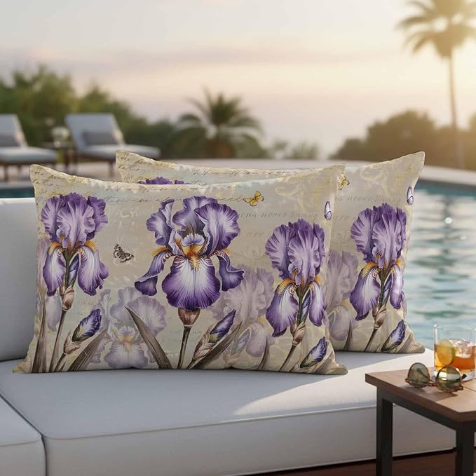 Purple Iris Outdoor Pillow Covers 20x12 Inch Lumbar Pillow Covers Set of 2 Waterproof Decorative Throw Pillow Cases Spring Vintage Flowers Butterfly Leaves Khaki Cushion Covers for Patio Furniture
