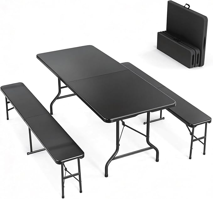 VINGLI Picnic Table Set with 2 Benches, 6 Feet Camping Table Chair Set, 3-Piece Folding Furniture for Indoor or Outdoor Use, Tree Patterned HDPE Tabletop, Black