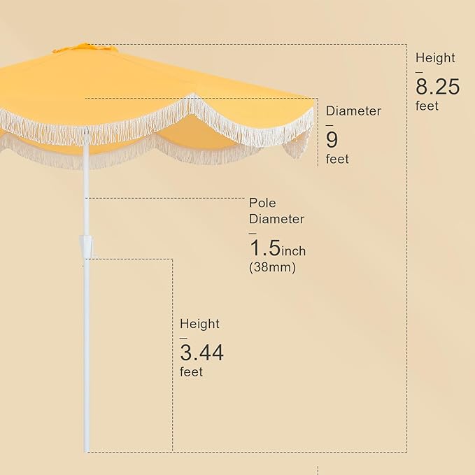 Tempera 9ft Yellow Scalloped Patio Umbrella with Fringe,UV Protection Fade Resistant Canopy, 8 Sturdy Ribs, Outdoor Table Umbrella with Crank Tilt for Lawn, Pool, Deck, Balcony