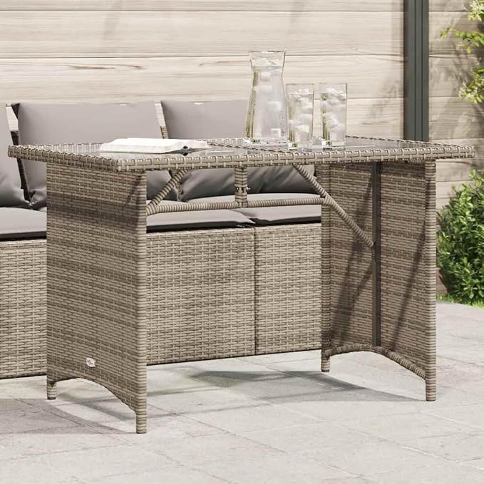 Garden Table 43.3x26.8 Inch, Grey PE Rattan Outdoor Table with Tempered Glass Top, Powder Coated Steel Frame for Patio Balcony Dining
