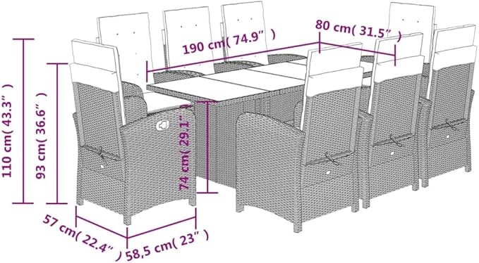 Backyard Furniture Patio Conversation Sets Outdoor Seating 9 Piece Patio Dining Set with Cushions Gray Poly Rattan Suitable for Gardens, Balconies, Decks