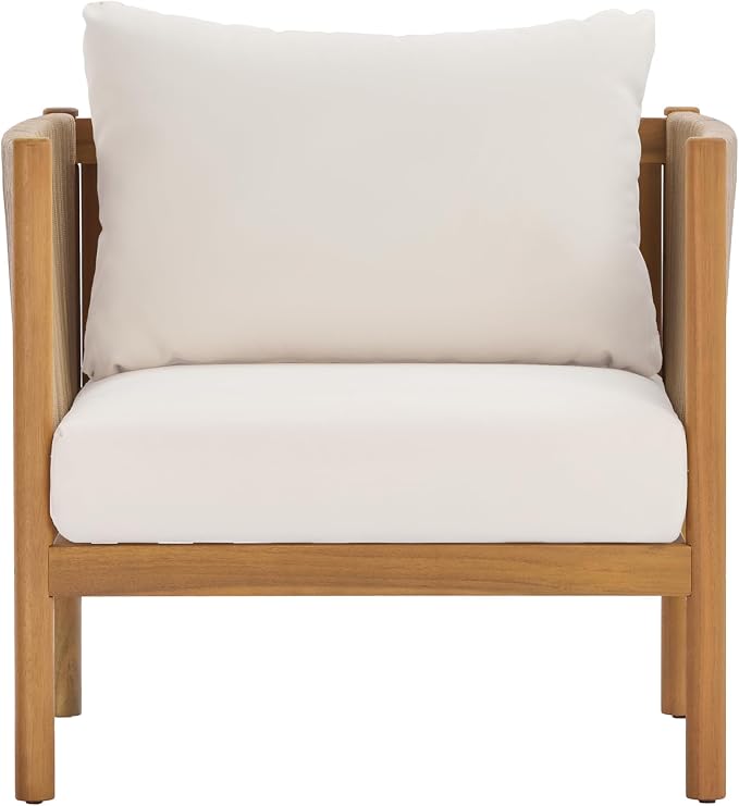 Christopher Knight Home Mayeq 4-Piece Acacia Wood Patio Furniture Set, Outdoor Conversation Sofa Set with Club Chair and Coffee Table, Patio Sectional Chat Set for Backyard Balcony, Teak+Cream
