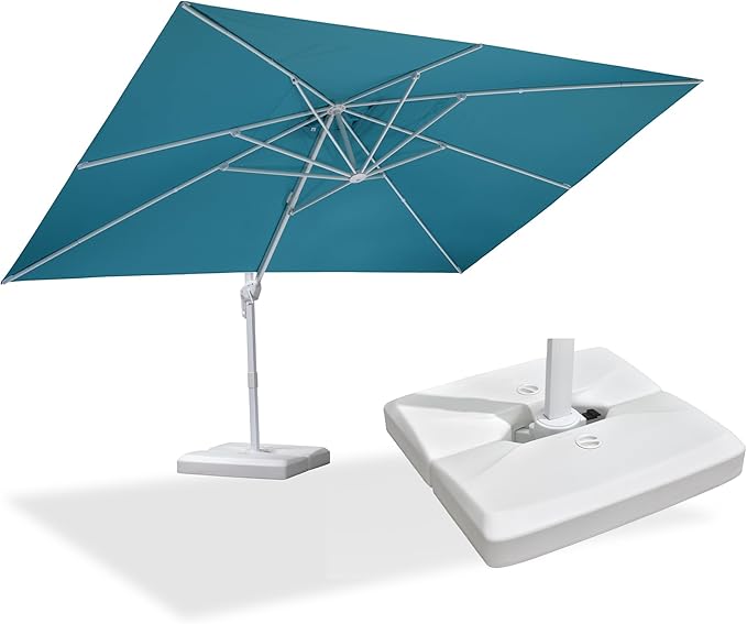 PURPLE LEAF 10' × 13' Patio Umbrella With Base White Cantilever Umbrella Square Outdoor Offset Umbrella Windproof with 360° Rotation for Garden Deck Pool, Turquoise