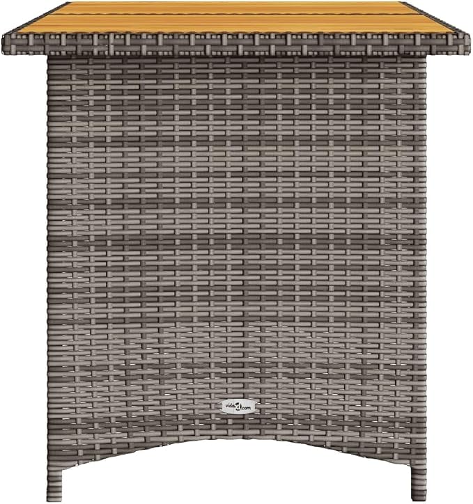 Contemporary Garden Table Grey PE Rattan with Powder-Coated Steel Frame and Solid Acacia Wood top 43.3x26.8x27.6 inches Seating six for Patio Outdoor Dining and Backyard use