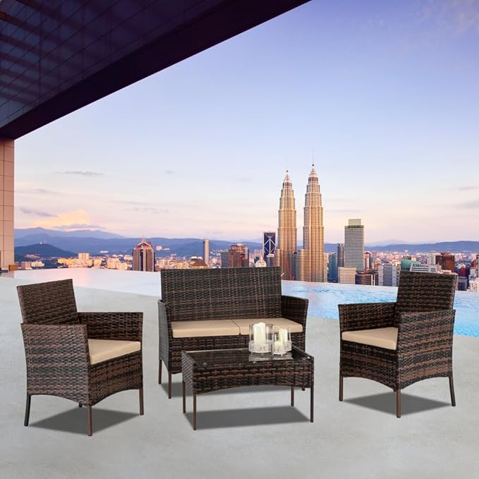 JHshop 4 Pieces Patio Conversation Set with Coffee Table, Rattan Sofa Set with Tempered Glass Coffee Table, Outdoor Furniture for Balcony Backyard Porch Garden, Sofa Chair with Coffee Table
