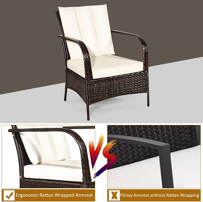 Tangkula 3 Piece Patio Furniture Set, 2 Wicker Chairs with Glass Top Coffee Table, Outdoor Garden Porch Poolside Furniture Set for 2, Rattan Conversation Set (Cream)