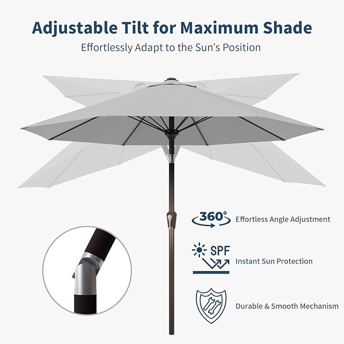 10FT Patio Umbrella Outdoor Market Umbrella with Crank and Tilt, 8 Flexible Fiberglass Ribs, UV-Resistant Waterproof Canopy for Patio, Deck, Garden, Backyard, Light Gray