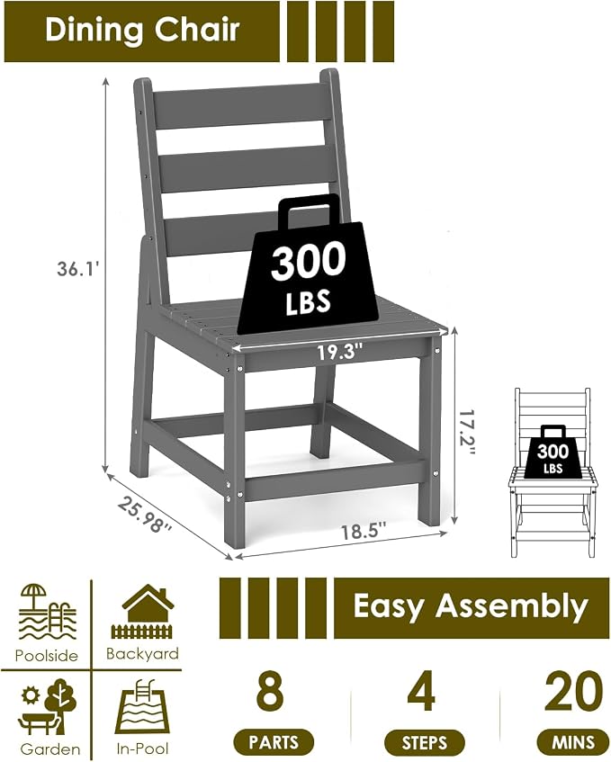 GREENVINES Patio-Chair | Outdoor Dining Chairs Set of 2 | HDPE Plastic | Armless |All Weather | for Backyard Deck Poolside Garden | Grey