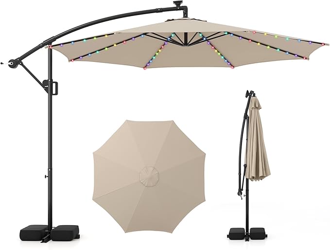 HAPPYGRILL 10 FT Offset Hanging Umbrella with Multi-Colored Flowing LED Lights, 9 Light Modes, Outdoor Patio Cantilever Umbrella with Base, Easy Tilt, 360° Rotation, Crank