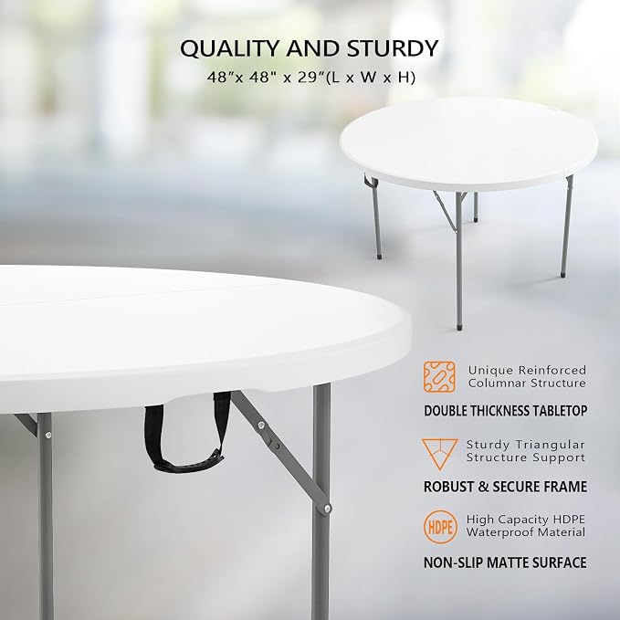 VINGLI White 48" Round Bi-Folding Commercial Table, 4 Feet Portable Plastic Dining Card Table for Kitchen or Outdoor Party Wedding Event, 4-Pack