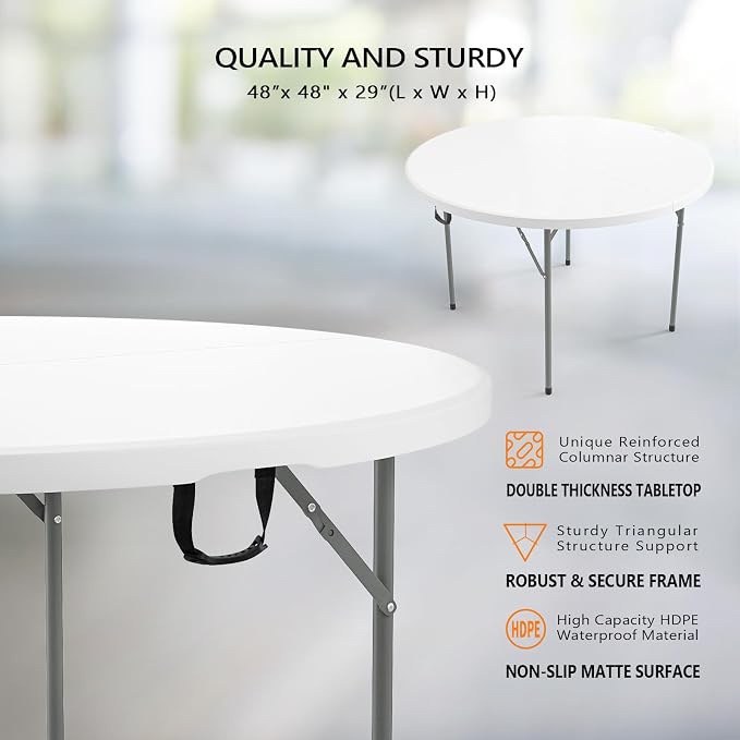 VINGLI White 48" Round Bi-Folding Commercial Table, 4 Feet Portable Plastic Dining Card Table for Kitchen or Outdoor Party Wedding Event, 1-Pack