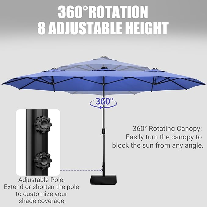 CHABATREE 15FT Double-Sided Patio Umbrella with Base Included, Large Outdoor Rectangular Market Umbrella for Backyard, Poolside, Lawn & Garden, Blue