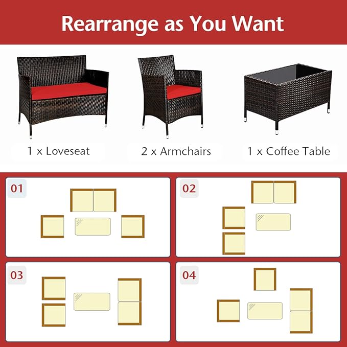 GLACER 4 Pieces Rattan Conversation Set - Patio Furniture Set W/High-Elasticity Cushion & Tempered Glass Center Coffee Table, Outdoor Wicker Sofa Chair Set for Garden, Porch, Poolside & Backyard