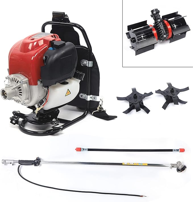 35.4CC 4-Stroke Grass Trimmer, 1000W 3 in 1 Brush Cutter Gas Powered Backpack Lawn Mower Gasoline Weed Eater Garden Rototiller for Yard Farmland Weeding, Scarifying and Cutting