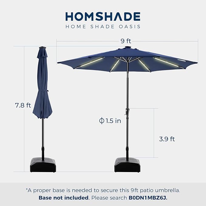 HOMSHADE 9ft Solar Patio Umbrella - Solar Lights LED Lighted UPF50+ UV Protection Umbrella, Outdoor Market Table Umbrella with Push Button Tilt, Crank for Pool Deck and Garden (Navy)