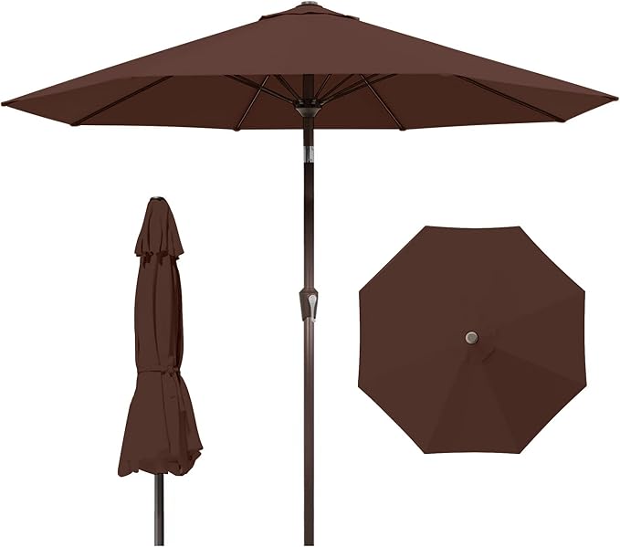 9ft Patio Umbrella with Push Button Tilt and Crank,Outdoor Market Table Umbrella UV Protection 8 Sturdy Ribs for Backyard,Garden,Pool,Deck(Brown)