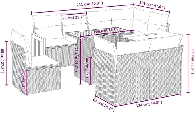 vidaXL Patio Sofa Set with Cushions 9 Piece, Outdoor Conversation Set, Sectional Sofa for Balcony Garden, Modern Style, Gray Poly Rattan