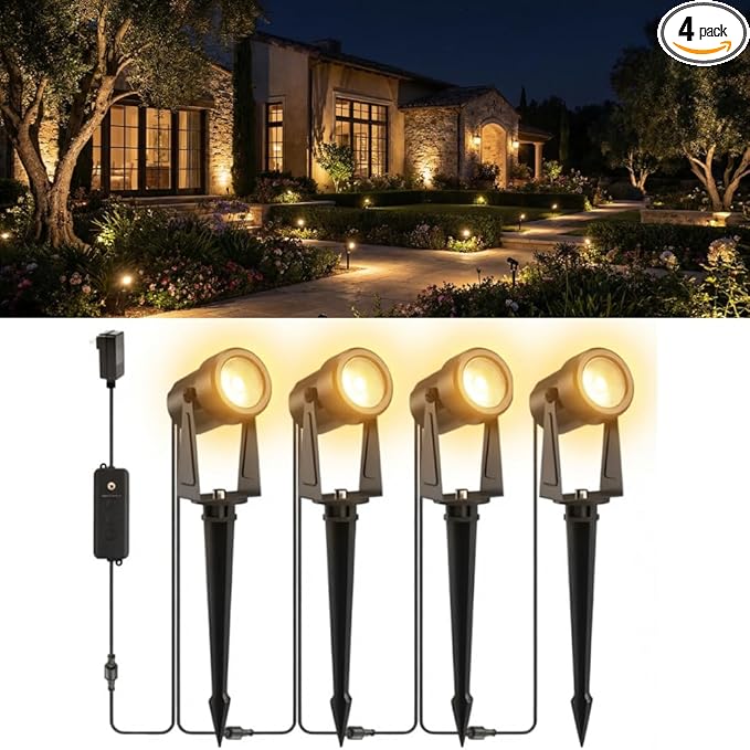 ZYAN Landscape Spotlights with Sensor, 5 Lighting Modes for Brightness Adjustment, Dimmable Timer Auto On Off, Low Voltage Outdoor IP65 Waterproof for Patio Yard Garden Pathway, Warm White (4 Pack)