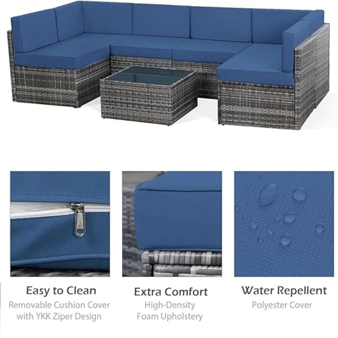 U-MAX 7 Piece Outdoor Patio Furniture Set with 30 Inch Fire Pit Table, PE Rattan Wicker Sofa Set, Outdoor Sectional Furniture Chair Set with Cushions and Tea Table, Grey Rattan&Dark Blue Cushion