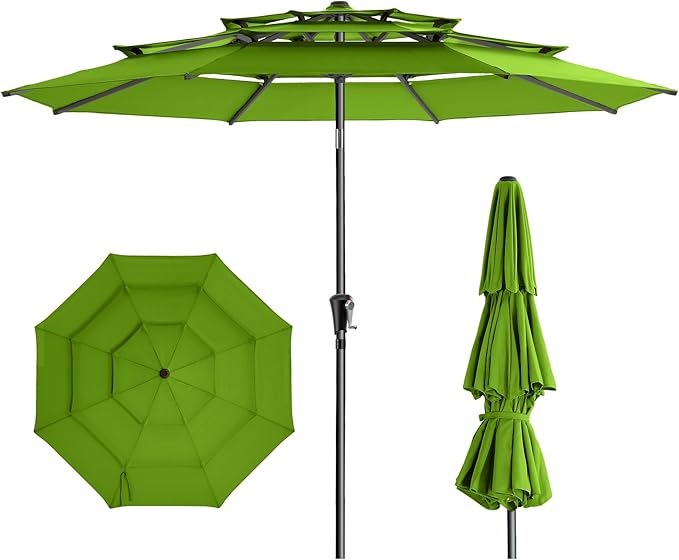 HOMSHADE 9FT 3-Tiers Outdoor Patio Umbrella with 5-Year Fade Resistant,Vented Outdoor Commercial Market Umbrella with UPF50+ UV Protection & Push Button Tilt and Crank for Pool,Backyard(Apple Green)