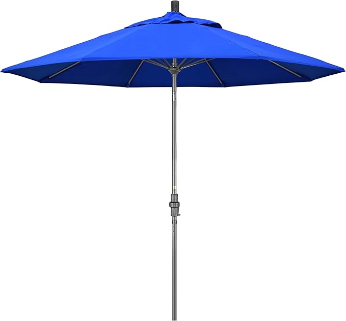 California Umbrella 9' Rd. Crank Lift, Collar Tilt, Aluminum Pole, Fiberglass Rib Patio Umbrella, Hammertone Grey Finish, Sunbrella Pacific Blue