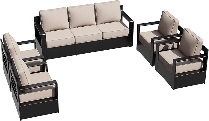 Outdoor Aluminum Furniture Set, 5-Piece Patio Conversation Set, 4 Chairs and 1 Sofa, All-Weather Metal Frame, 6" Thick Removable Cushions, Deep Setting for Garden, Poolside and Porch