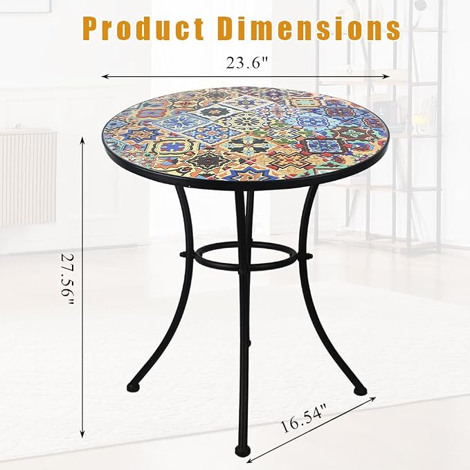 23.6" Outdoor Patio Mosaic Round Table Garden Bistro Accent Table | Ceramic Tile Waterptoof Side End Table Metal Frame Dining Table Furniture for Balcony Backyard Porch Poolside Terrace