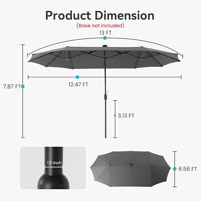 COSIEST 13FT Patio Umbrella with Solar Lights, Outdoor Double-Sided Table Umbrella,Large Rectangular Market Umbrella w Crank Handle for Garden, Pool, Deck Shade, Dark Gray