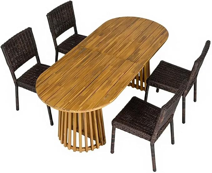 Christopher Knight Home Farley Acacia Wood Outdoor Dining Set for 4, 5 Piece Patio Dining Table and Chair Set, Faux Rattan Outdoor Dining Chair and Table Set, Teak+Brown