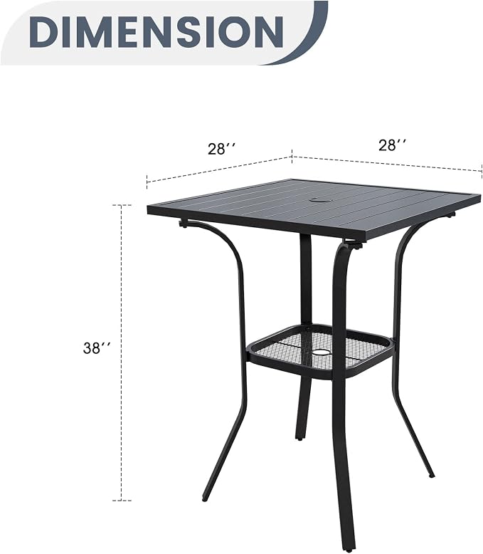 VICLLAX Patio Bar Height Table, Outdoor Square Bistro Table with Umbrella Hole, Metal Frame and Slat Design, Ideal for Patio Lawn Backyard Porch, Black
