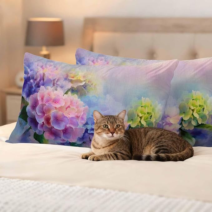 Pink Purple Floral Outdoor Pillow Cover 12x20 Inch Cushion Sham Case, Spring Hydrangea Flower Vintage Botanical Waterproof Decorative Square Throw Pillowcase for Outside Garden Patio Porch Couch Chair