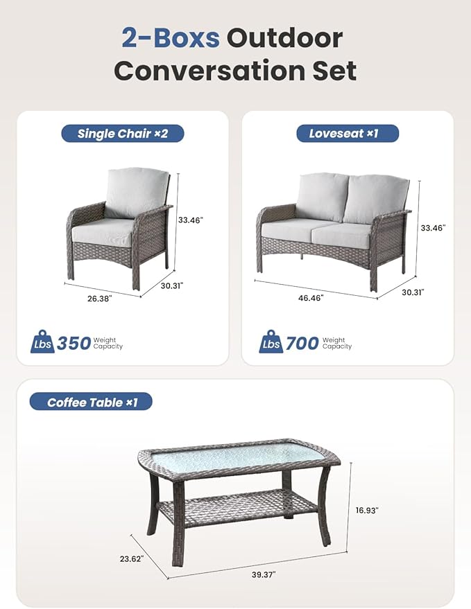 4-Piece Outdoor Patio Furniture Set with Coffee Table, Outdoor Conversation Wicker Sofa with Thickened Cushions, Rattan Couch for Deck Yard Poolside, Grey