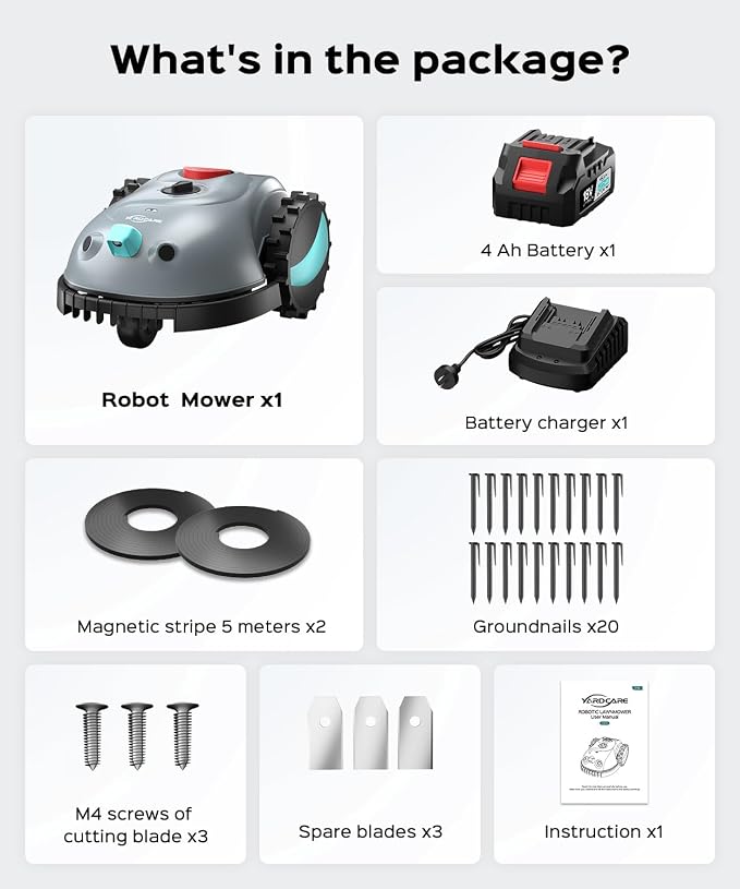 YARDCARE V100 Robotic Lawn Mower – Visual Navigation & Smart Obstacle Avoidance, Adjustable Cutting Height 0.8–2.4 in, Low-Noise Auto Mowing for Small Lawns up to 1,600 sq ft