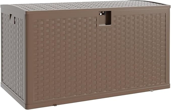 73 gal Brown Resin Deck Box, Outdoor Storage Box with Lockable Lid & Weatherproof Design, Extra Large Patio Storage Container for Garden Tools, Pool Toys, Furniture Cushions, Brown