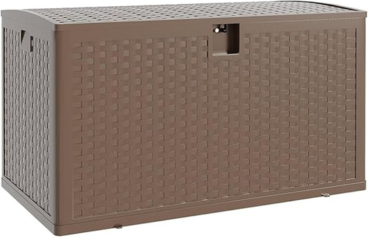 73 gal Brown Resin Deck Box, Outdoor Storage Box with Lockable Lid & Weatherproof Design, Extra Large Patio Storage Container for Garden Tools, Pool Toys, Furniture Cushions, Brown