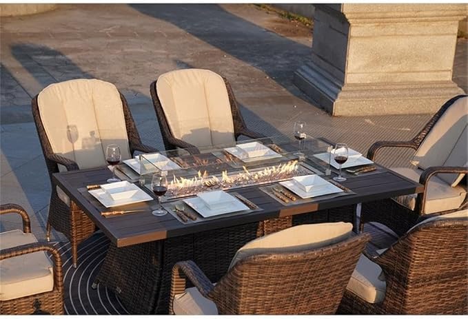 Brown Aluminum 6-Seat Patio Rectangle Firepit Dining Set with Chairs